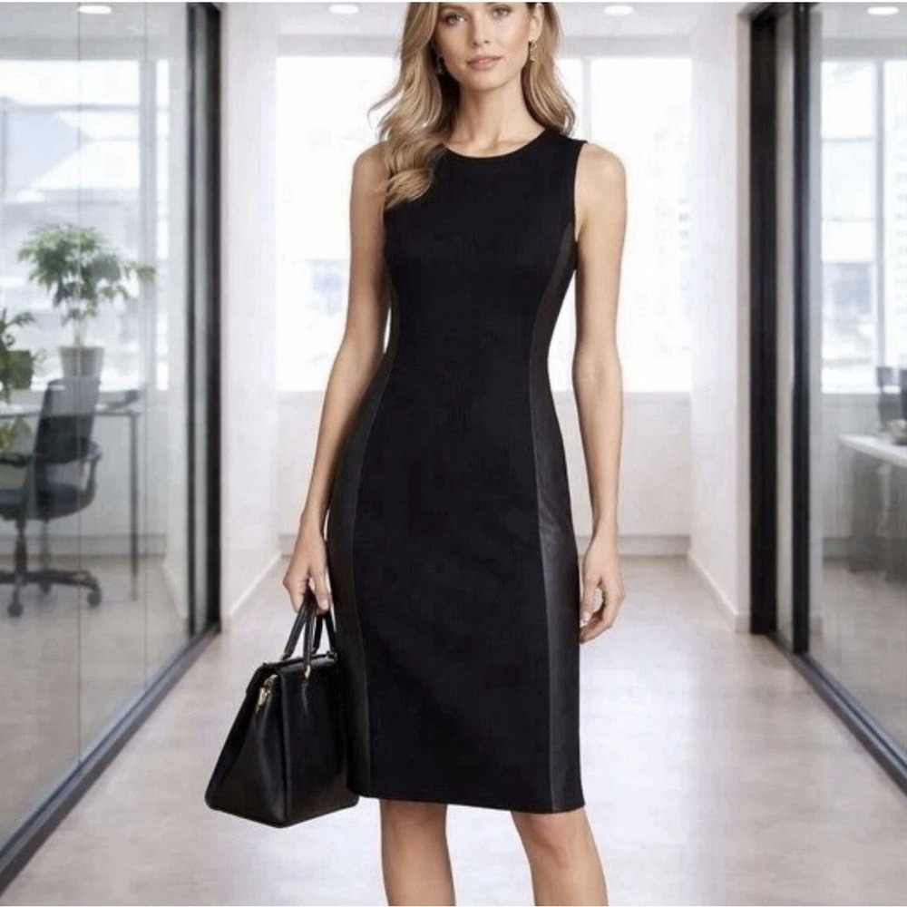 Eileen Fisher Sheath Dress‎ 10 Black Leather Side Panels Stretch Zip LBD Minimal